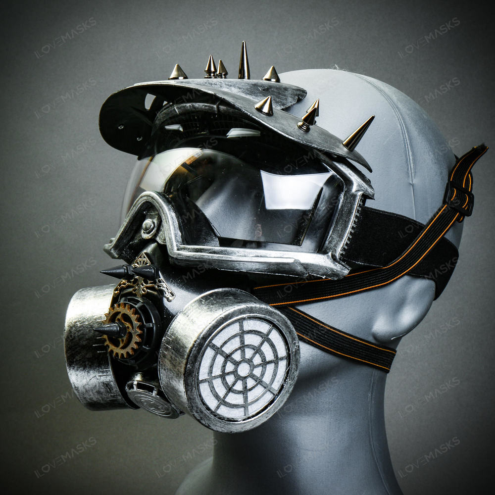 Silver Steampunk Spike Ski Goggle Clear Lens w/ Silver Halloween Party Gas Mask